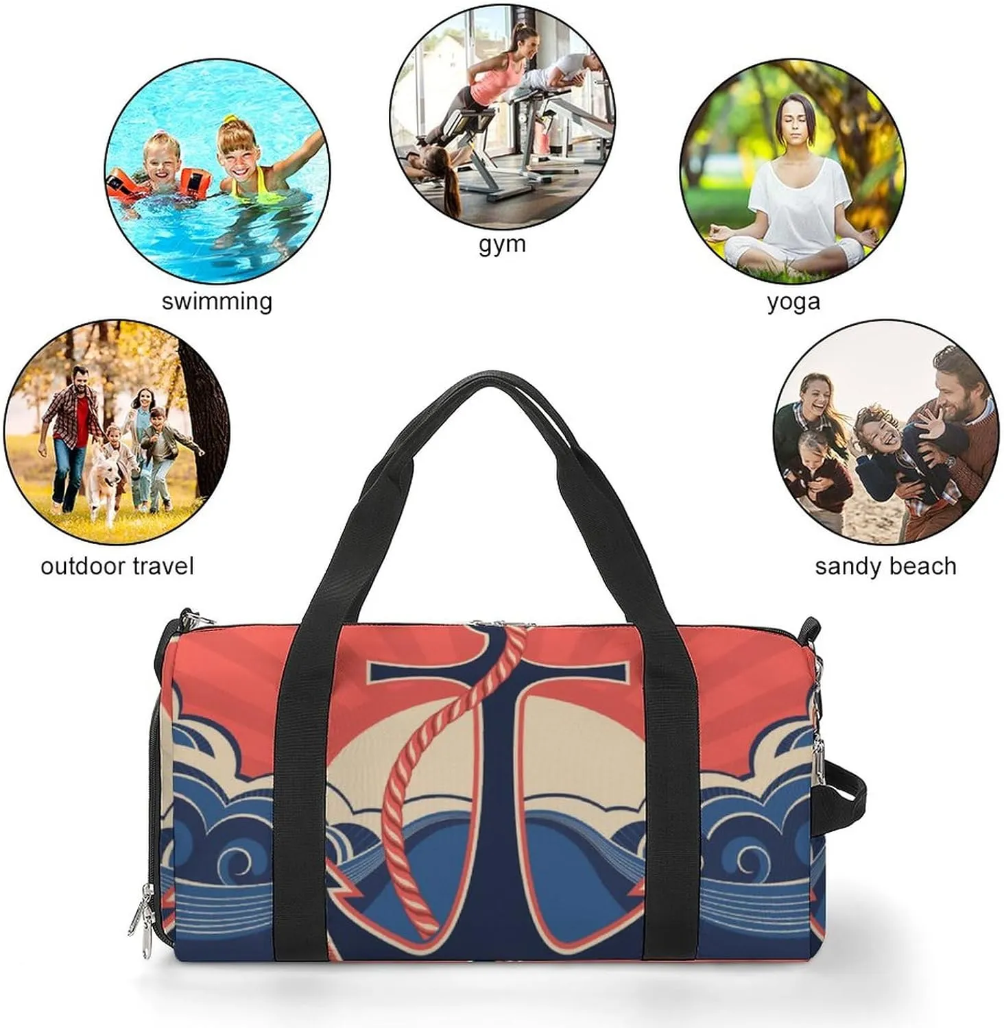 Nautical Label with Anchors Sports Tote Gym Bag for Women Men, Overnight Bag with Shoe Compartment Water Resistant