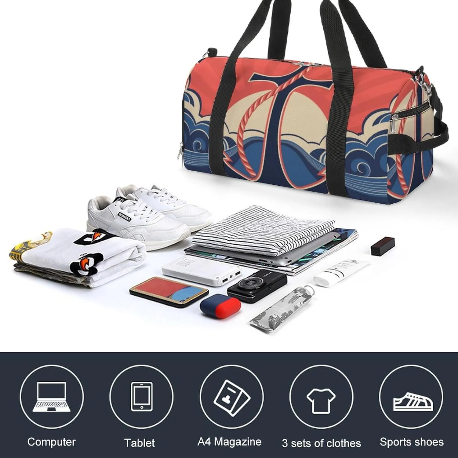 Nautical Label with Anchors Sports Tote Gym Bag for Women Men, Overnight Bag with Shoe Compartment Water Resistant