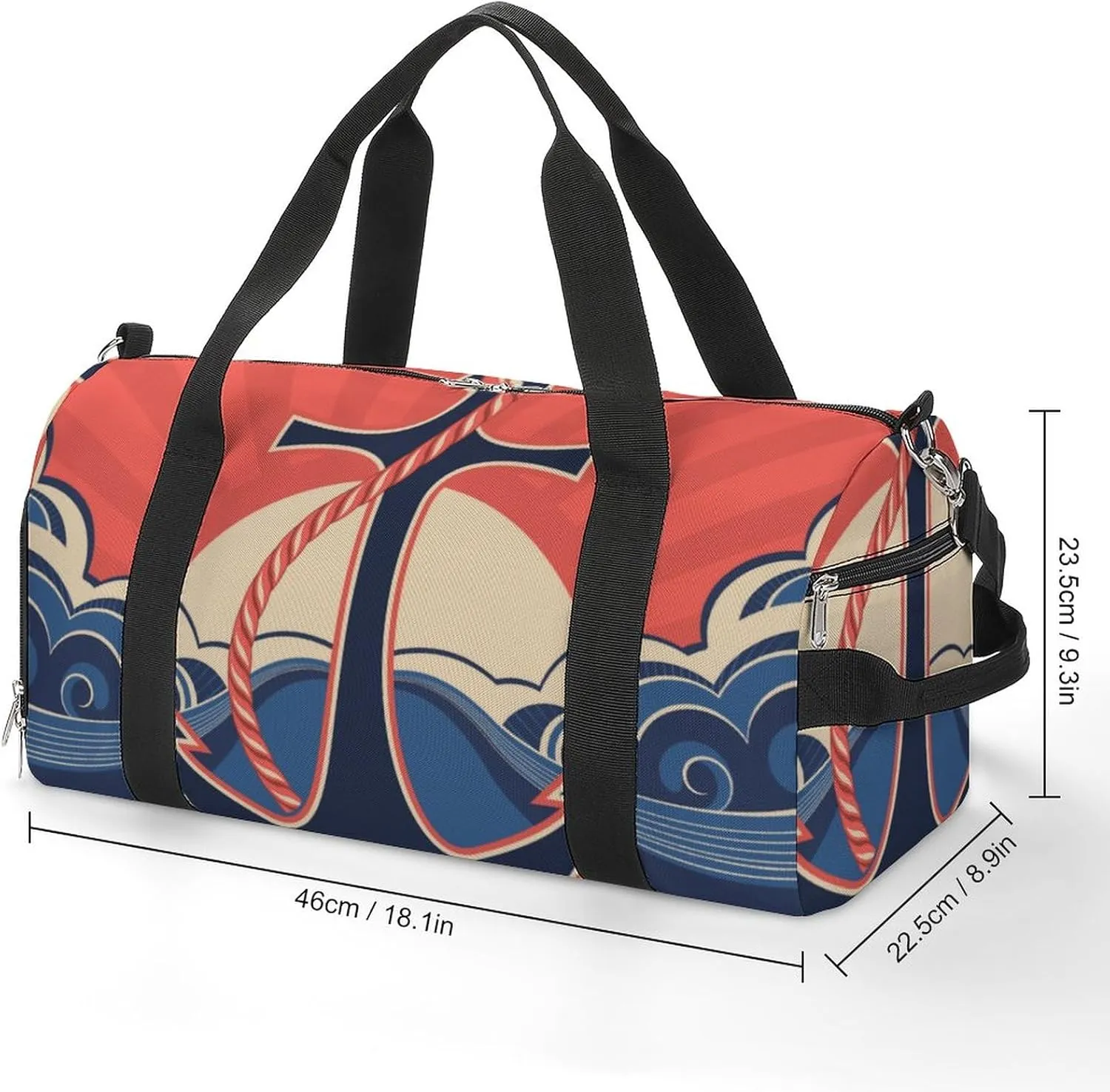 Nautical Label with Anchors Sports Tote Gym Bag for Women Men, Overnight Bag with Shoe Compartment Water Resistant