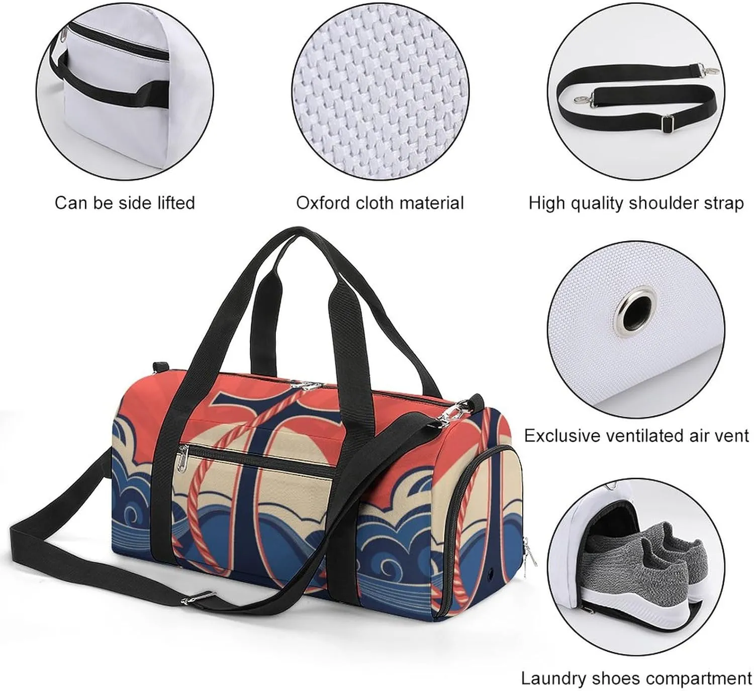 Nautical Label with Anchors Sports Tote Gym Bag for Women Men, Overnight Bag with Shoe Compartment Water Resistant