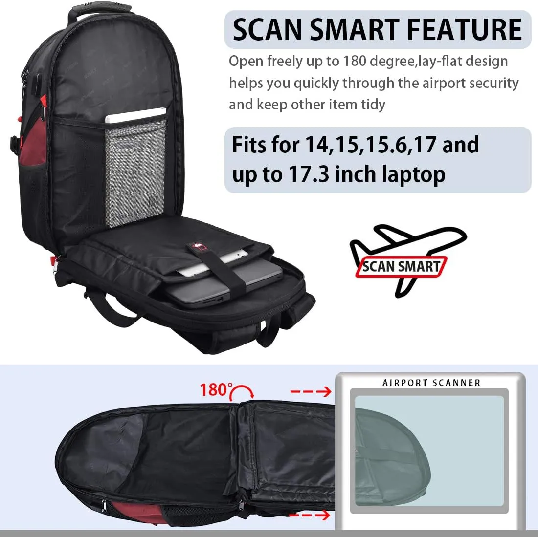 NEWHEY Laptop Backpack 17 Inch Business Travel Backpacks for Men Women Extra Large Waterproof TSA Anti Theft College Bookbags with USB Charging Port 17.3 Gaming Computer Backpack 45L, Red