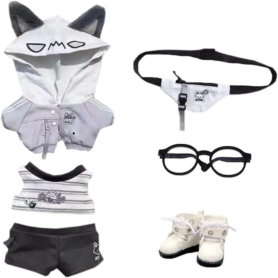 niannyyhouse 10cm 15cm 20cm Plush Doll Clothes Hoodie Vest Pants Backpacks Glasses Shoes Wolf Bear Outfit Soft Stuffed Toy Dressup Gift (Gray-15cm)