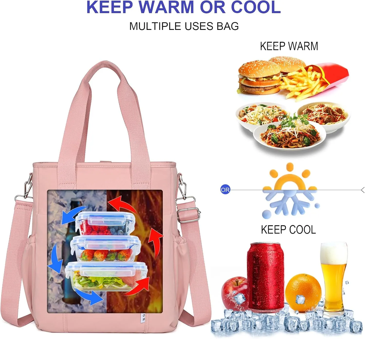 NOL Insulated Lunch Bag for Women,Large Spacious Lunch Tote Bag With Removable Adjustable Shoulder Strap with Multi Pockets,Leakproof Cooler Bag, Nylon Waterproof Lunch Box for Work,Dark pink