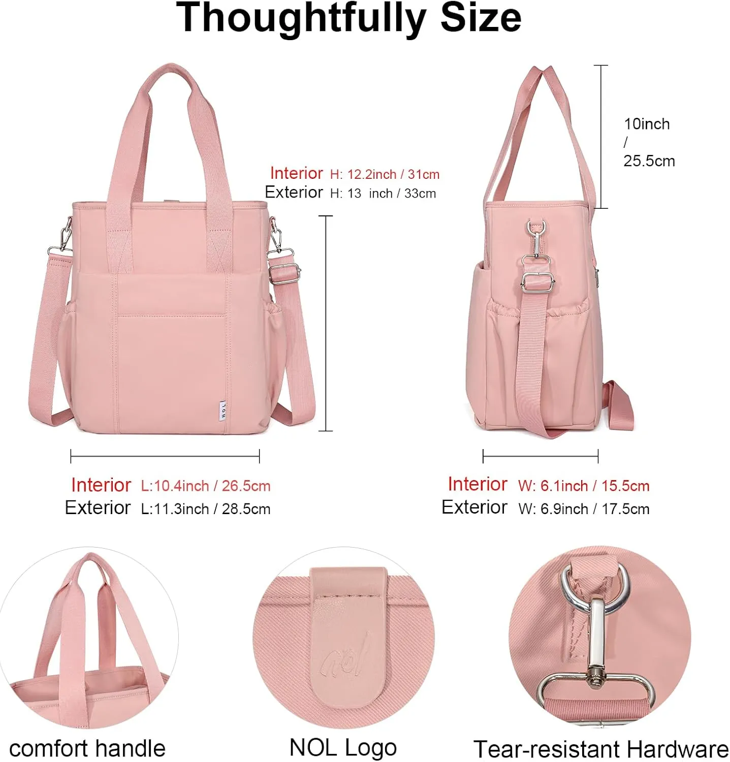 NOL Insulated Lunch Bag for Women,Large Spacious Lunch Tote Bag With Removable Adjustable Shoulder Strap with Multi Pockets,Leakproof Cooler Bag, Nylon Waterproof Lunch Box for Work,Dark pink