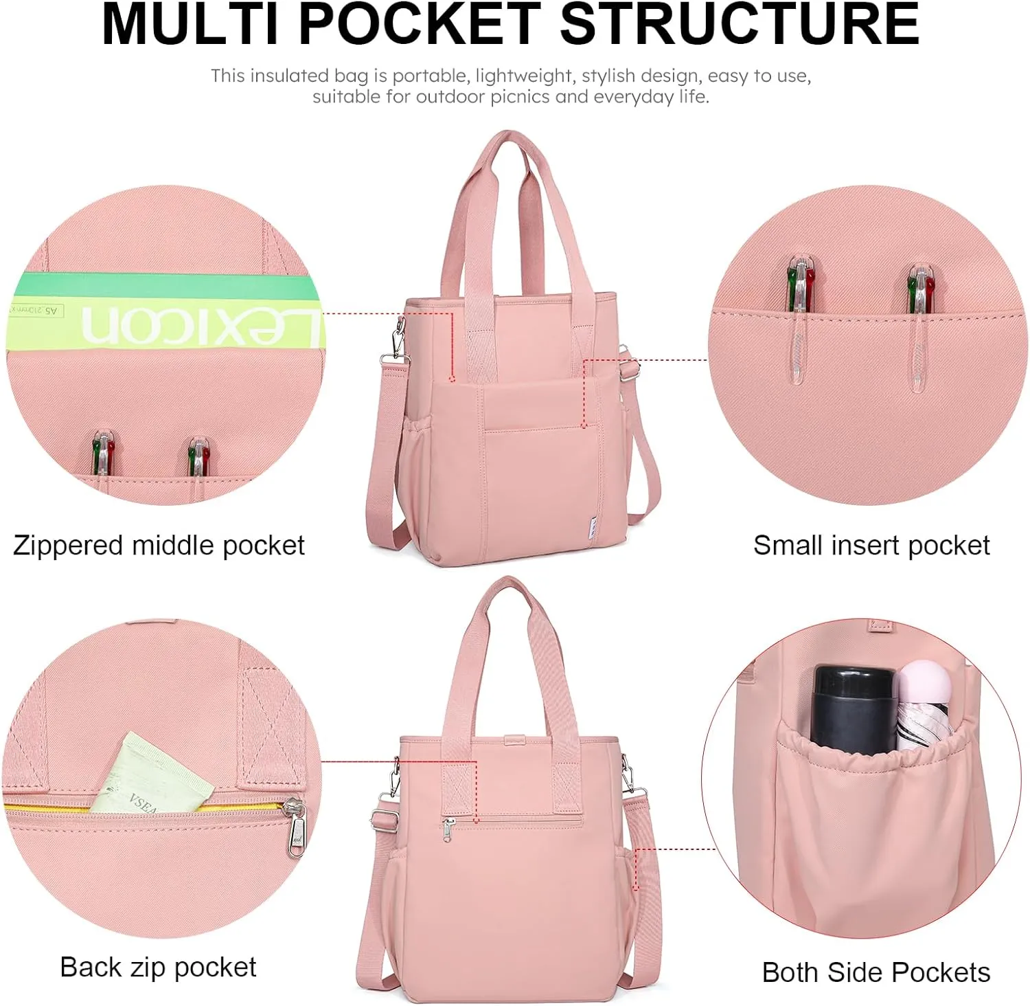 NOL Insulated Lunch Bag for Women,Large Spacious Lunch Tote Bag With Removable Adjustable Shoulder Strap with Multi Pockets,Leakproof Cooler Bag, Nylon Waterproof Lunch Box for Work,Dark pink