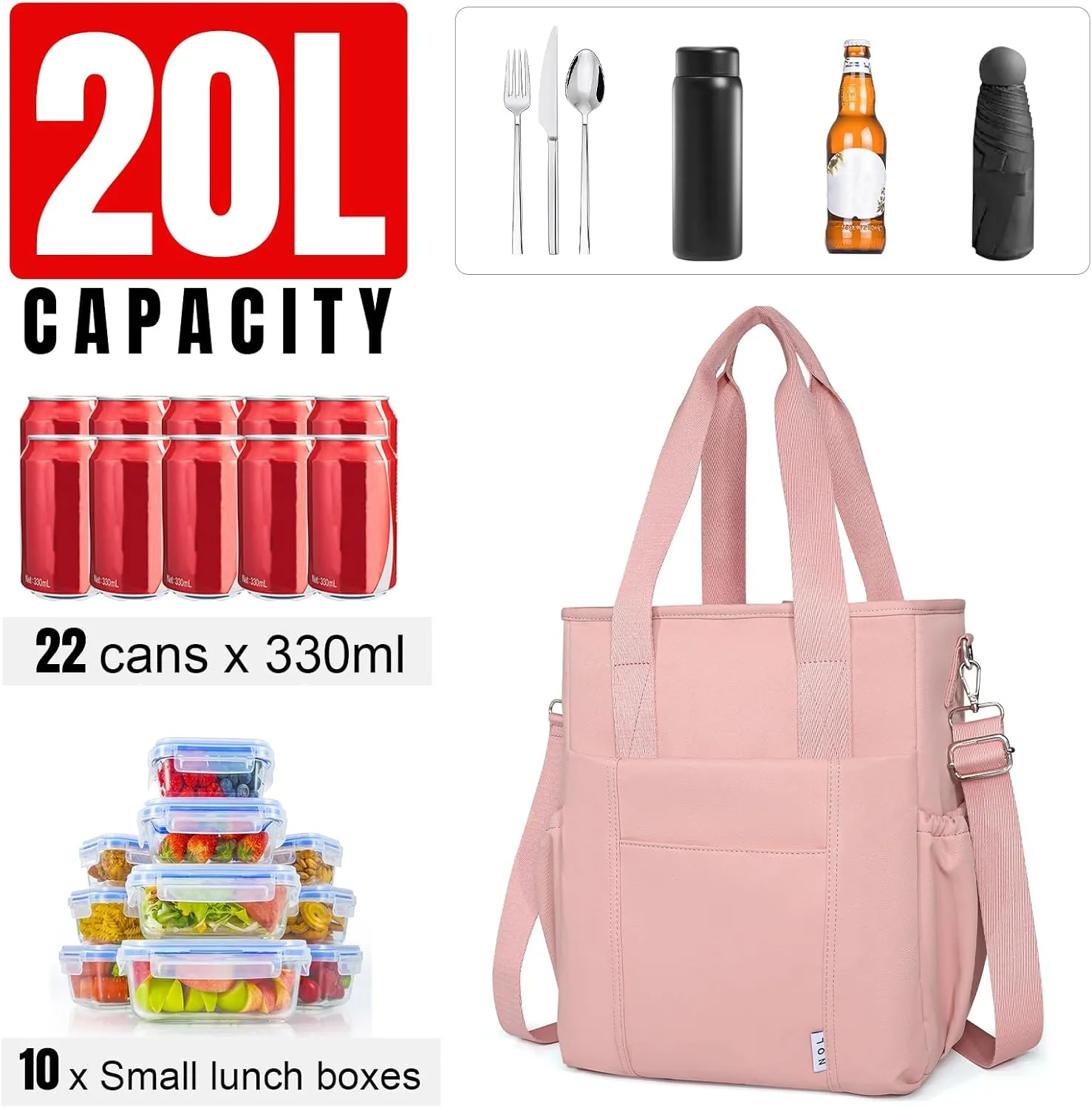 NOL Insulated Lunch Bag for Women,Large Spacious Lunch Tote Bag With Removable Adjustable Shoulder Strap with Multi Pockets,Leakproof Cooler Bag, Nylon Waterproof Lunch Box for Work,Dark pink