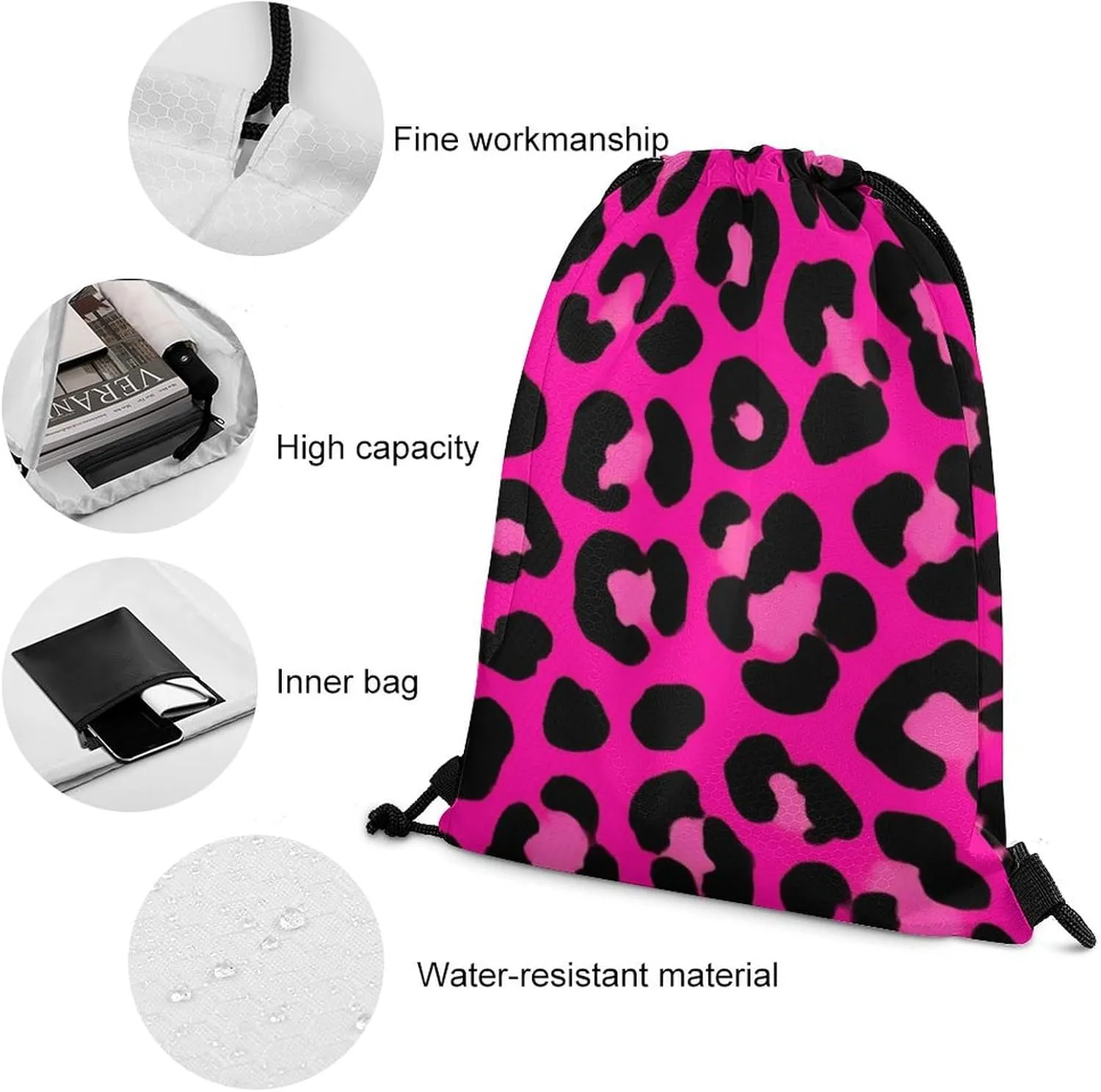 Novelty Drawstring Bag -Pink Cheetah Leopard Print, Adults Women Men Lightweight Portable Draw String Bag Backpack with Strap, Large Capacity Tote Bags