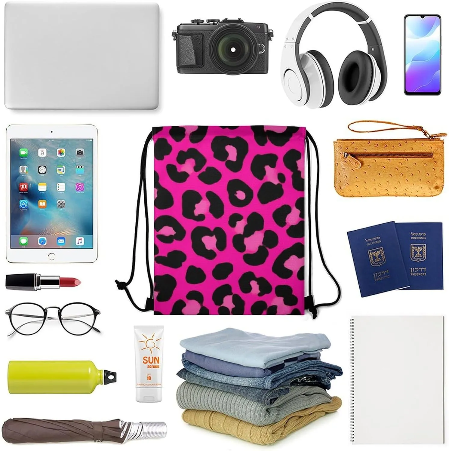 Novelty Drawstring Bag -Pink Cheetah Leopard Print, Adults Women Men Lightweight Portable Draw String Bag Backpack with Strap, Large Capacity Tote Bags