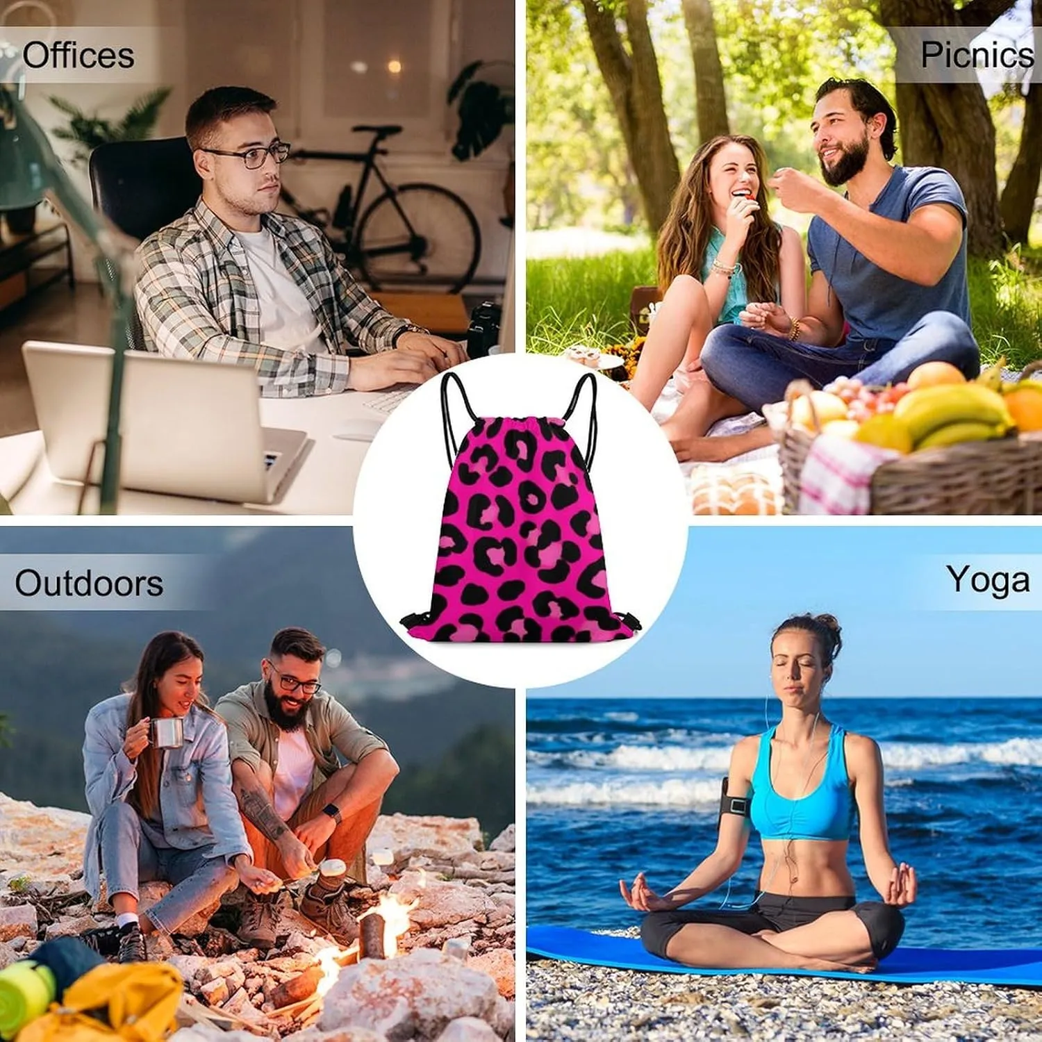 Novelty Drawstring Bag -Pink Cheetah Leopard Print, Adults Women Men Lightweight Portable Draw String Bag Backpack with Strap, Large Capacity Tote Bags