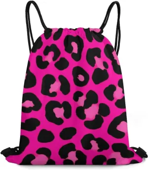 Novelty Drawstring Bag -Pink Cheetah Leopard Print, Adults Women Men Lightweight Portable Draw String Bag Backpack with Strap, Large Capacity Tote Bags