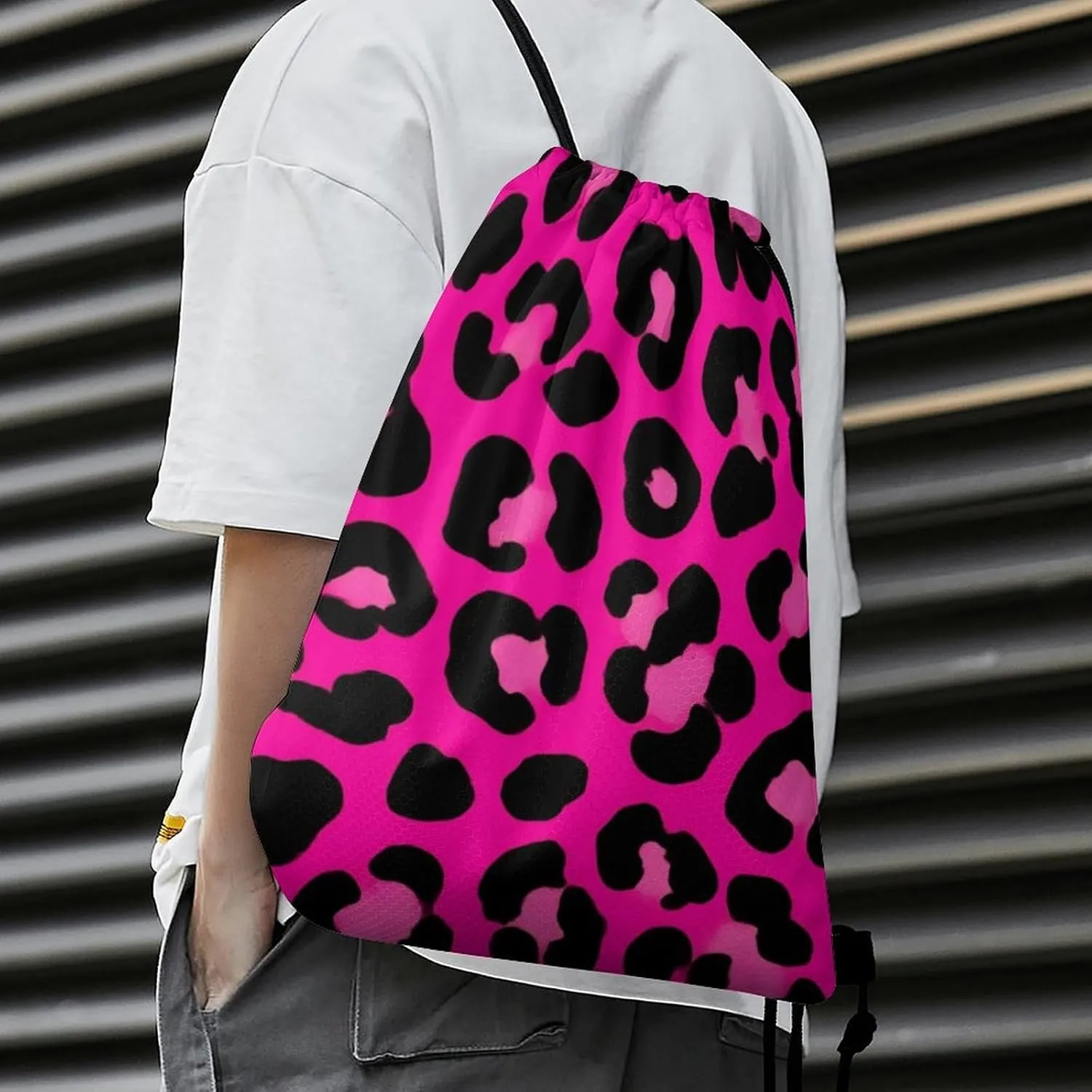 Novelty Drawstring Bag -Pink Cheetah Leopard Print, Adults Women Men Lightweight Portable Draw String Bag Backpack with Strap, Large Capacity Tote Bags