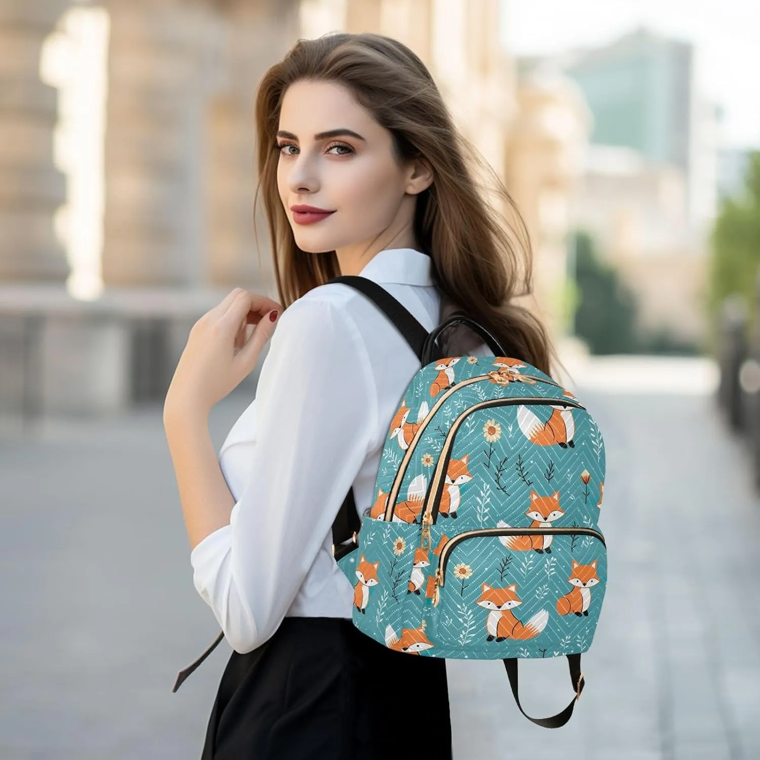 ODAWA Quilted Backpack Purse Cute Foxes Blue Womens Fashion Backpack Purse Travel Backpack with Luggage Strap