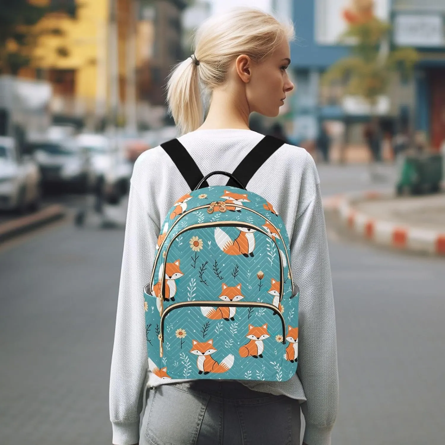 ODAWA Quilted Backpack Purse Cute Foxes Blue Womens Fashion Backpack Purse Travel Backpack with Luggage Strap
