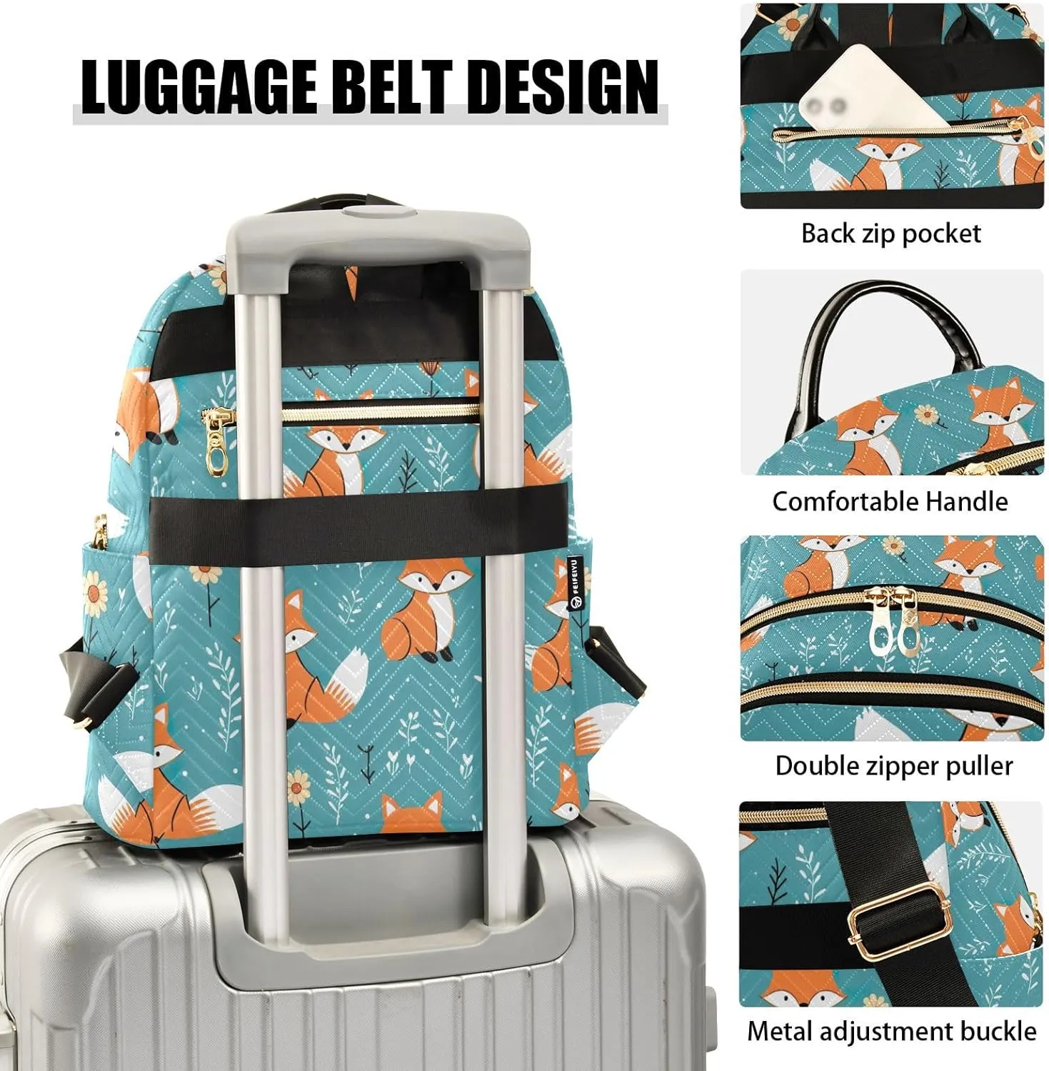 ODAWA Quilted Backpack Purse Cute Foxes Blue Womens Fashion Backpack Purse Travel Backpack with Luggage Strap
