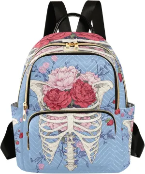 ODAWA Rib Cage with Floral Quilted Backpack Mini Backpack Purses Cute Travel Backpack