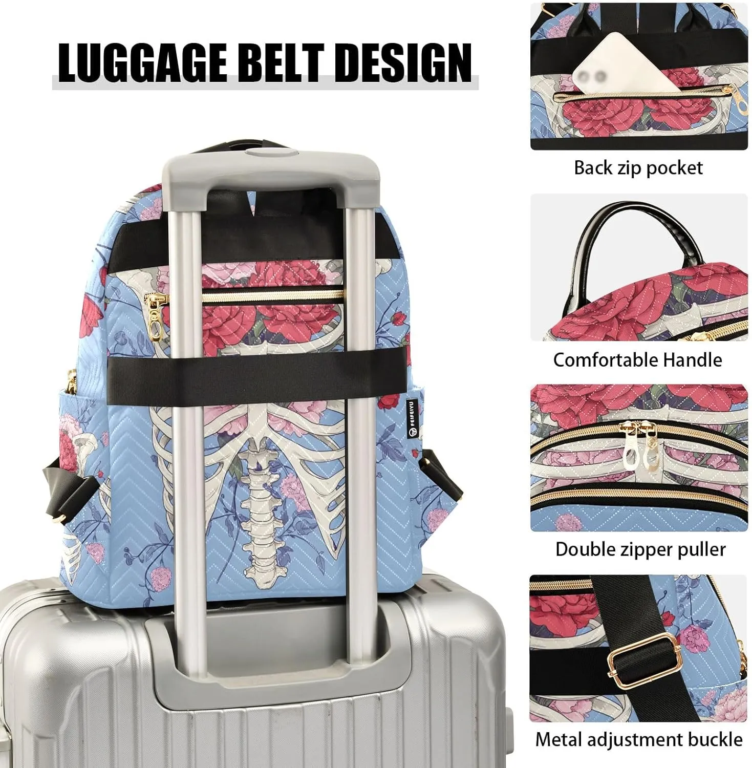 ODAWA Rib Cage with Floral Quilted Backpack Mini Backpack Purses Cute Travel Backpack