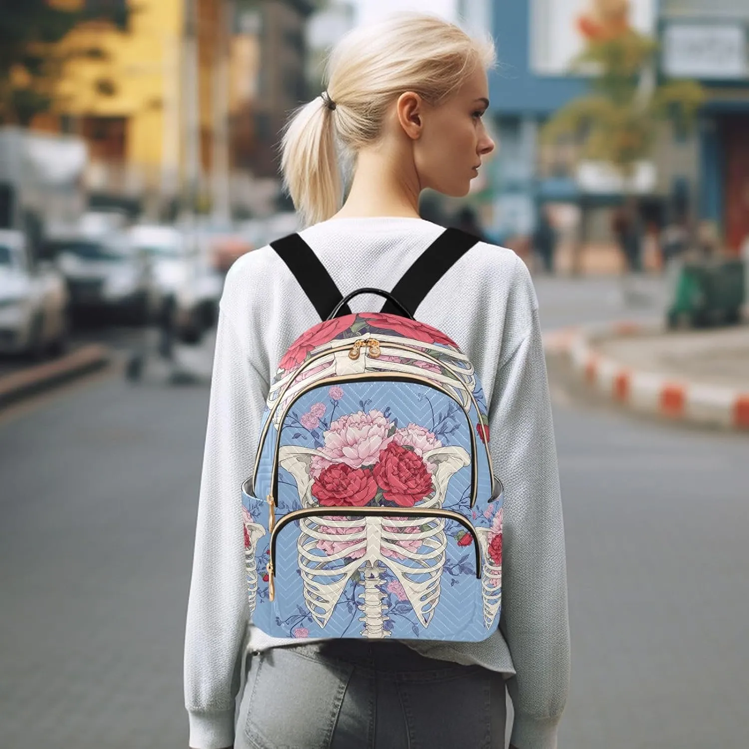 ODAWA Rib Cage with Floral Quilted Backpack Mini Backpack Purses Cute Travel Backpack