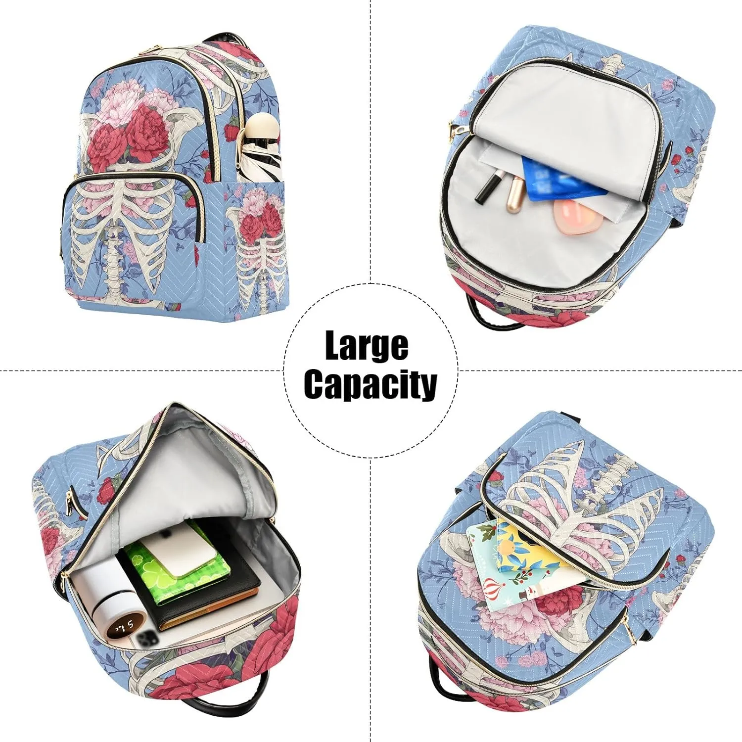 ODAWA Rib Cage with Floral Quilted Backpack Mini Backpack Purses Cute Travel Backpack