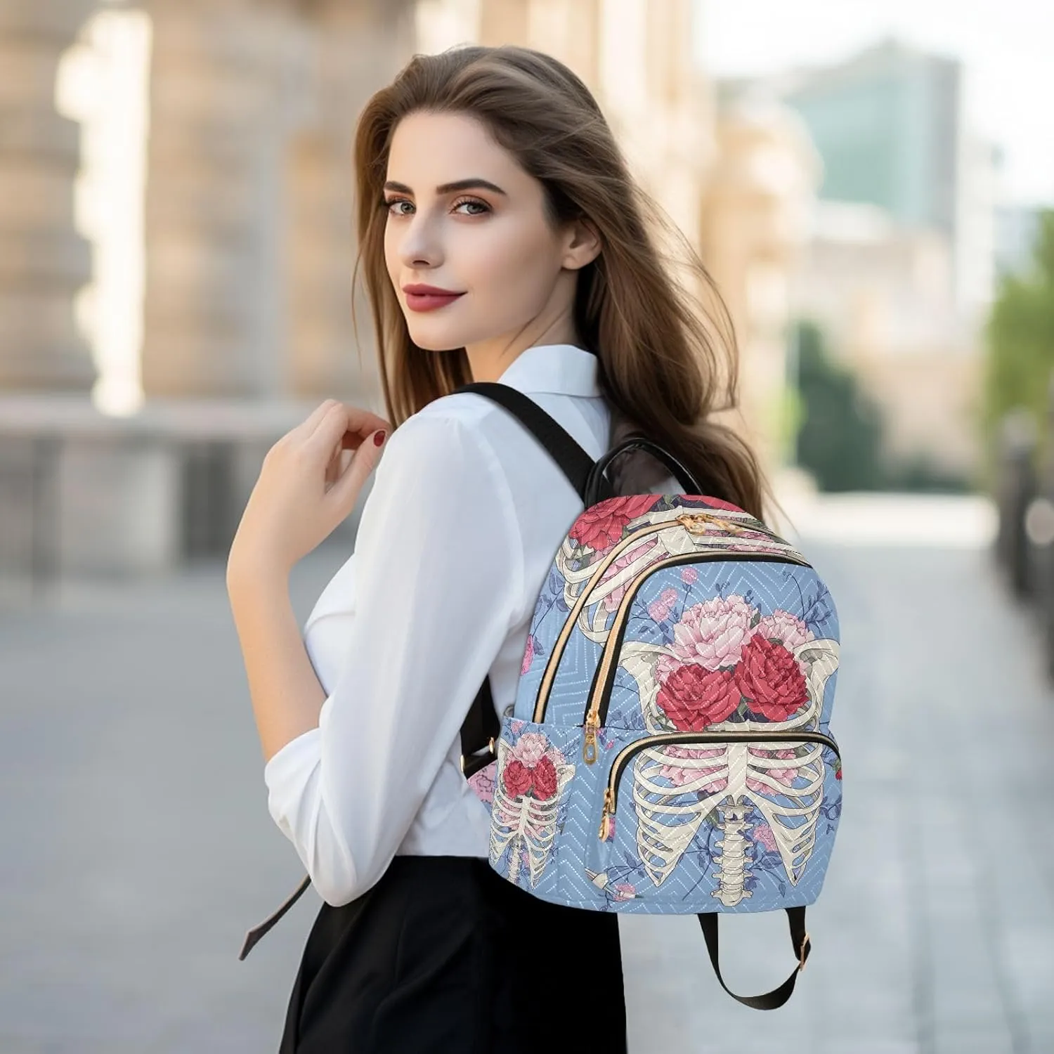 ODAWA Rib Cage with Floral Quilted Backpack Mini Backpack Purses Cute Travel Backpack