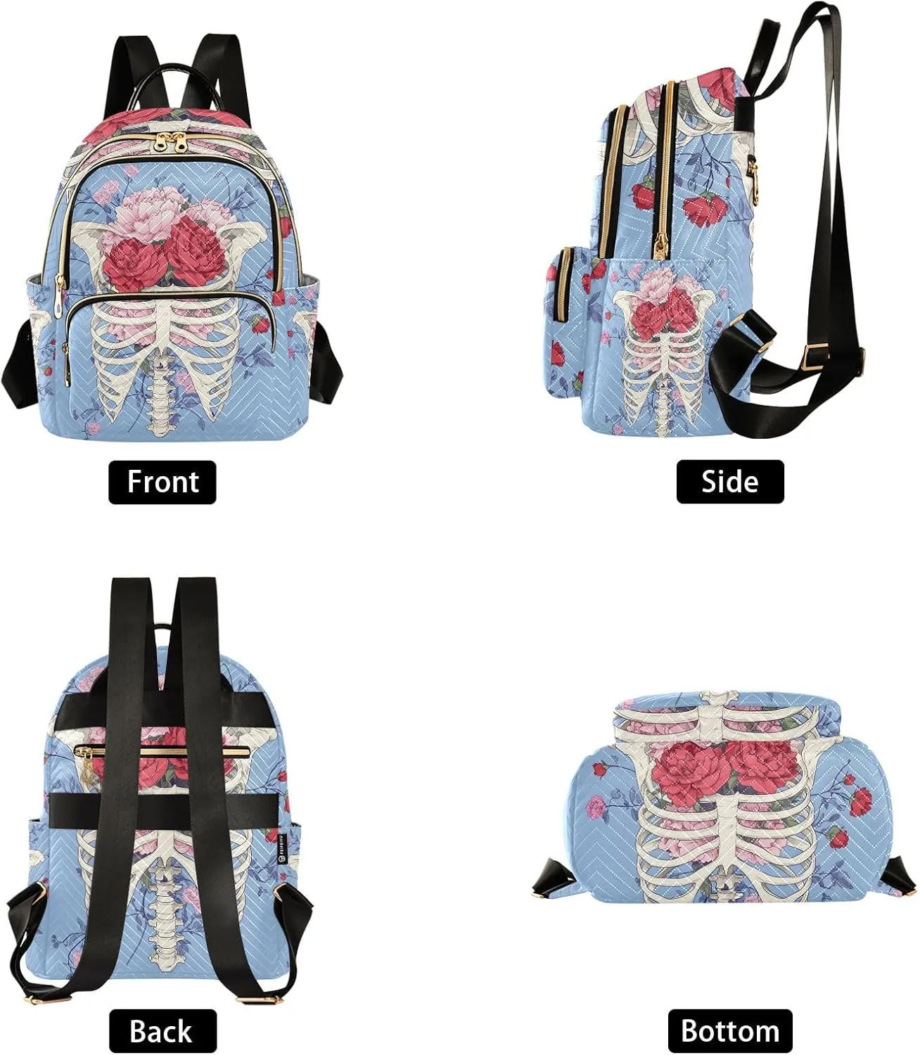 ODAWA Rib Cage with Floral Quilted Backpack Mini Backpack Purses Cute Travel Backpack