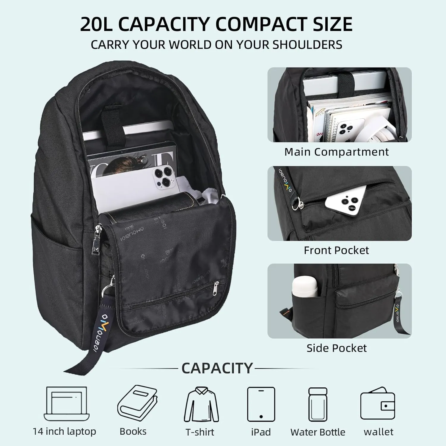 OMOUBOI Casual Daypacks Superbreak Backpack 14 inch Laptop Backpack for Women & Men Fits Tourism Business (Black)