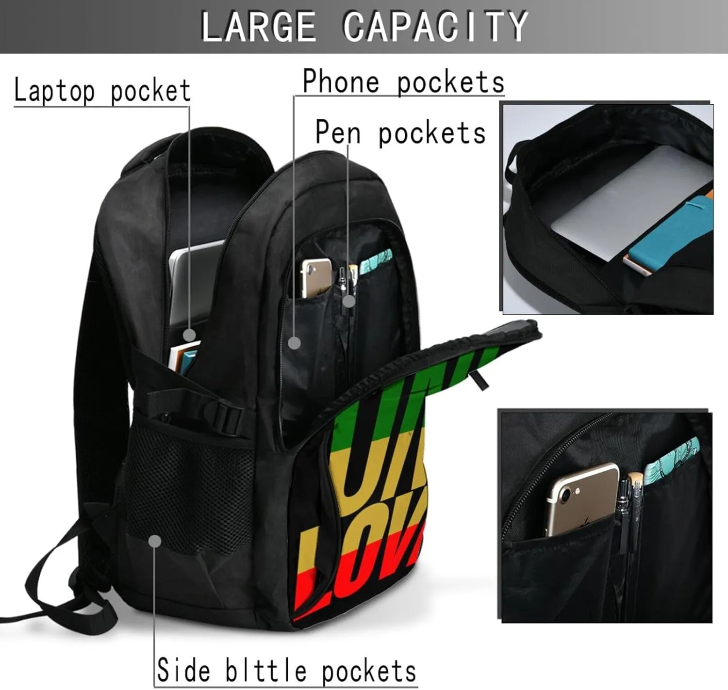 One Loves Jamaican Rasta Reggae Travel Backpack Laptop Backpacks Business Rucksack Outdoor Daypack Large Sport Bag with Luggage Strap USB Charging Port for Hiking Working