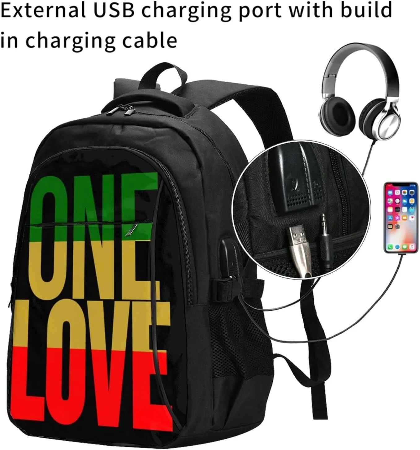 One Loves Jamaican Rasta Reggae Travel Backpack Laptop Backpacks Business Rucksack Outdoor Daypack Large Sport Bag with Luggage Strap USB Charging Port for Hiking Working
