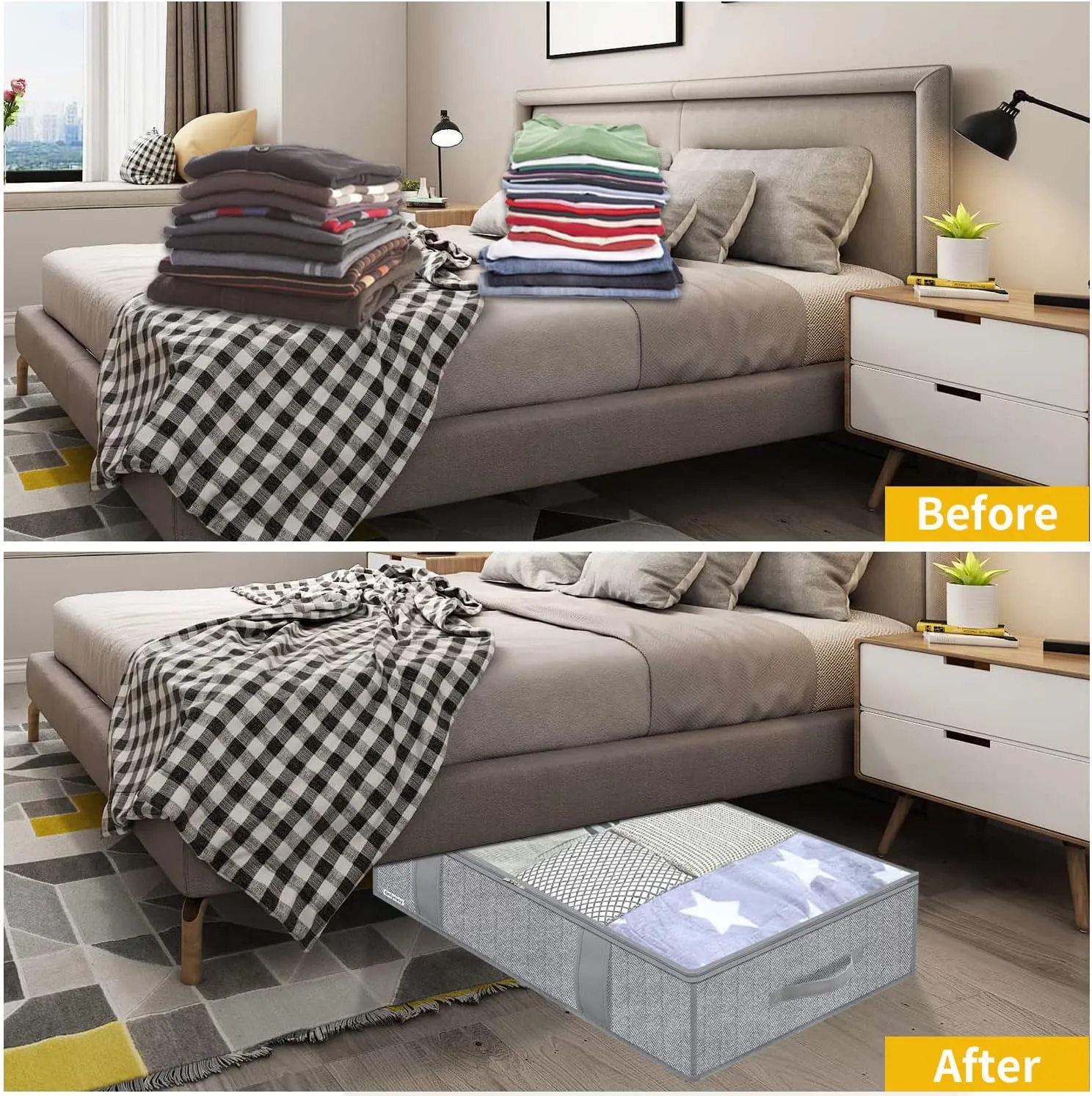 Onlyeasy Underbed Storage Bags Organizer, 4 Pack Large Capacity Under Bed Storage Containers with Reinforced Handles, Foldable Fabric Storage Bins with Clear Window, Herringbone Grey, 7MXRUBBP4