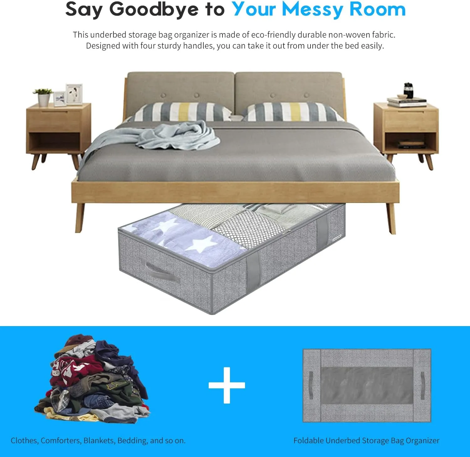 Onlyeasy Underbed Storage Bags Organizer, 4 Pack Large Capacity Under Bed Storage Containers with Reinforced Handles, Foldable Fabric Storage Bins with Clear Window, Herringbone Grey, 7MXRUBBP4