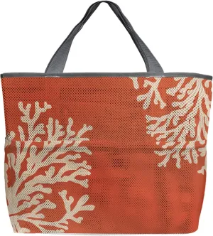 Orange Coral Beach Tote Bag for Women, Coastal Summer Beach Nautical Seaside Mesh Beach Bags Waterproof Sandproof, Outdoor Picnic Swim Pool Handbag - Large Beach Bag with Zipper and Pockets