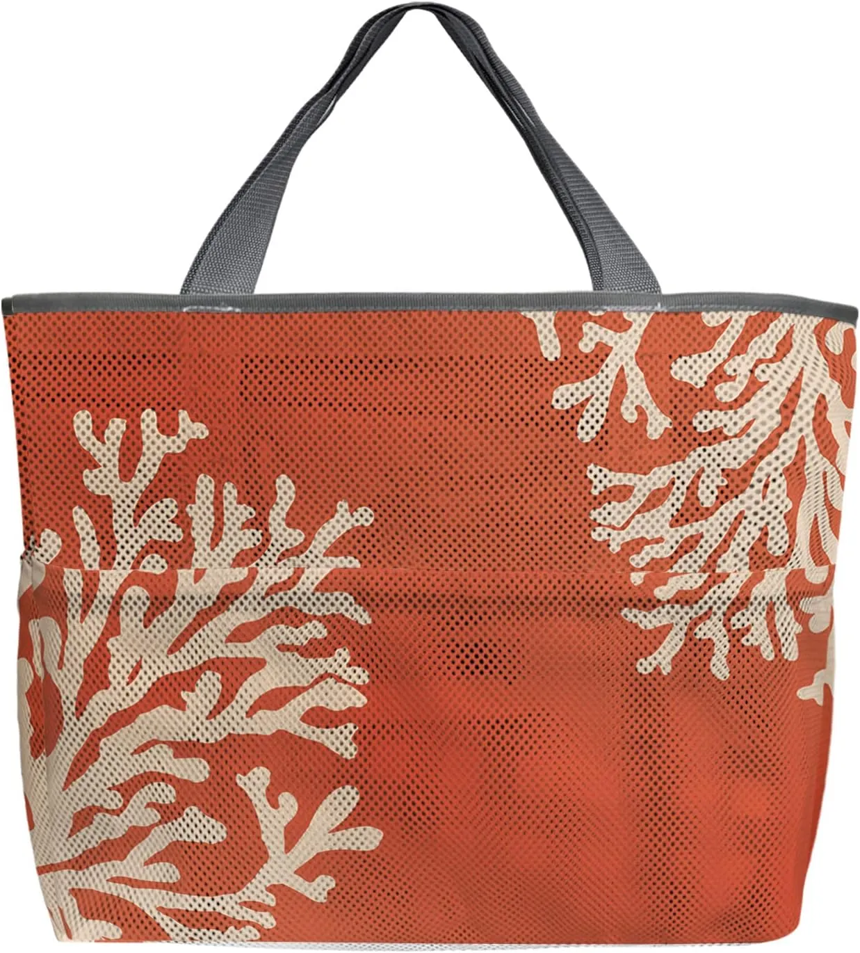 Orange Coral Beach Tote Bag for Women, Coastal Summer Beach Nautical Seaside Mesh Beach Bags Waterproof Sandproof, Outdoor Picnic Swim Pool Handbag - Large Beach Bag with Zipper and Pockets