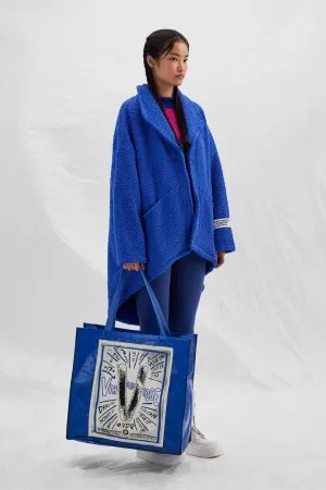 Oversized Blue Teddy Coat With Bold Statement Tote Bag