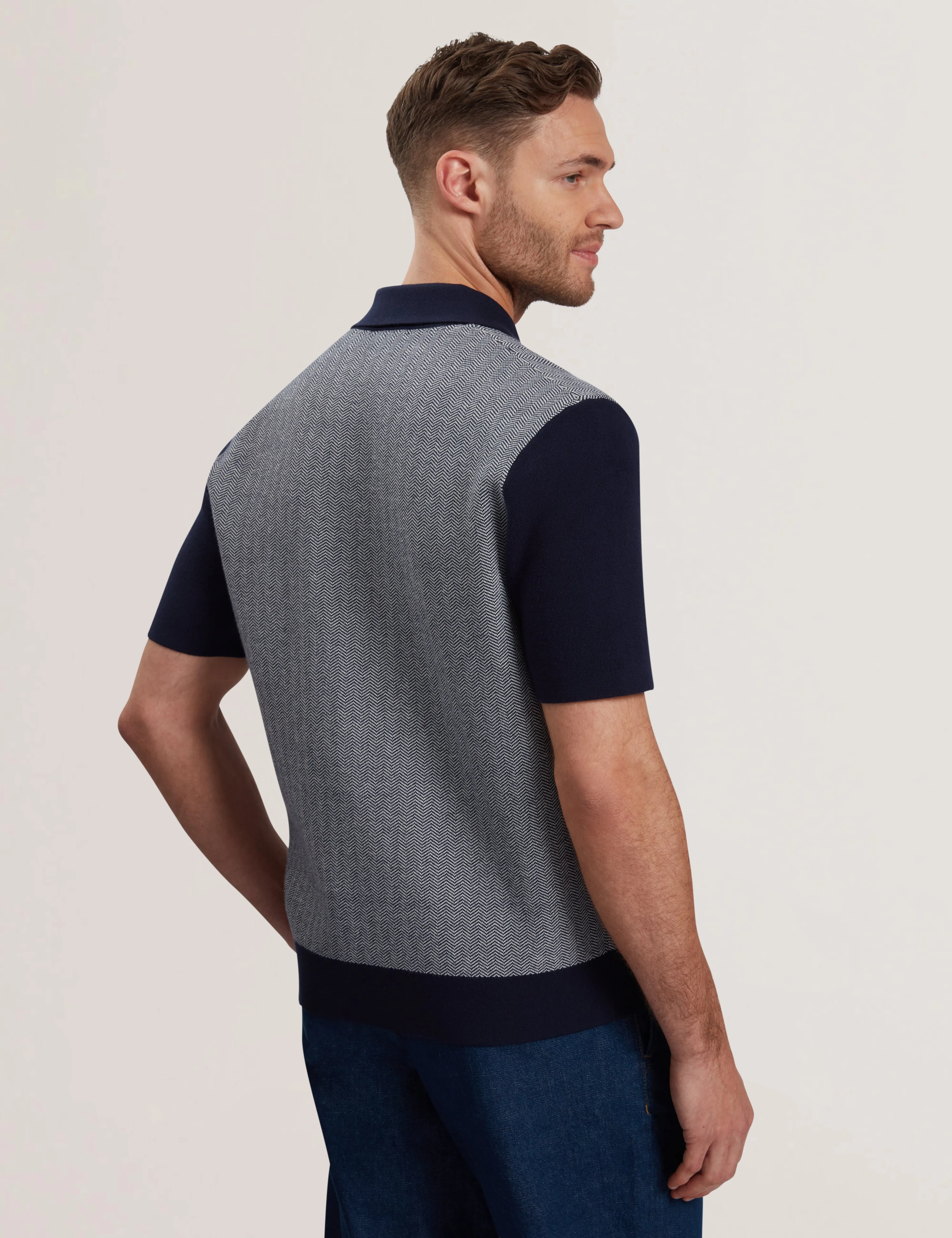 Padrig Short Sleeve Knitted Herringbone Shirt Navy