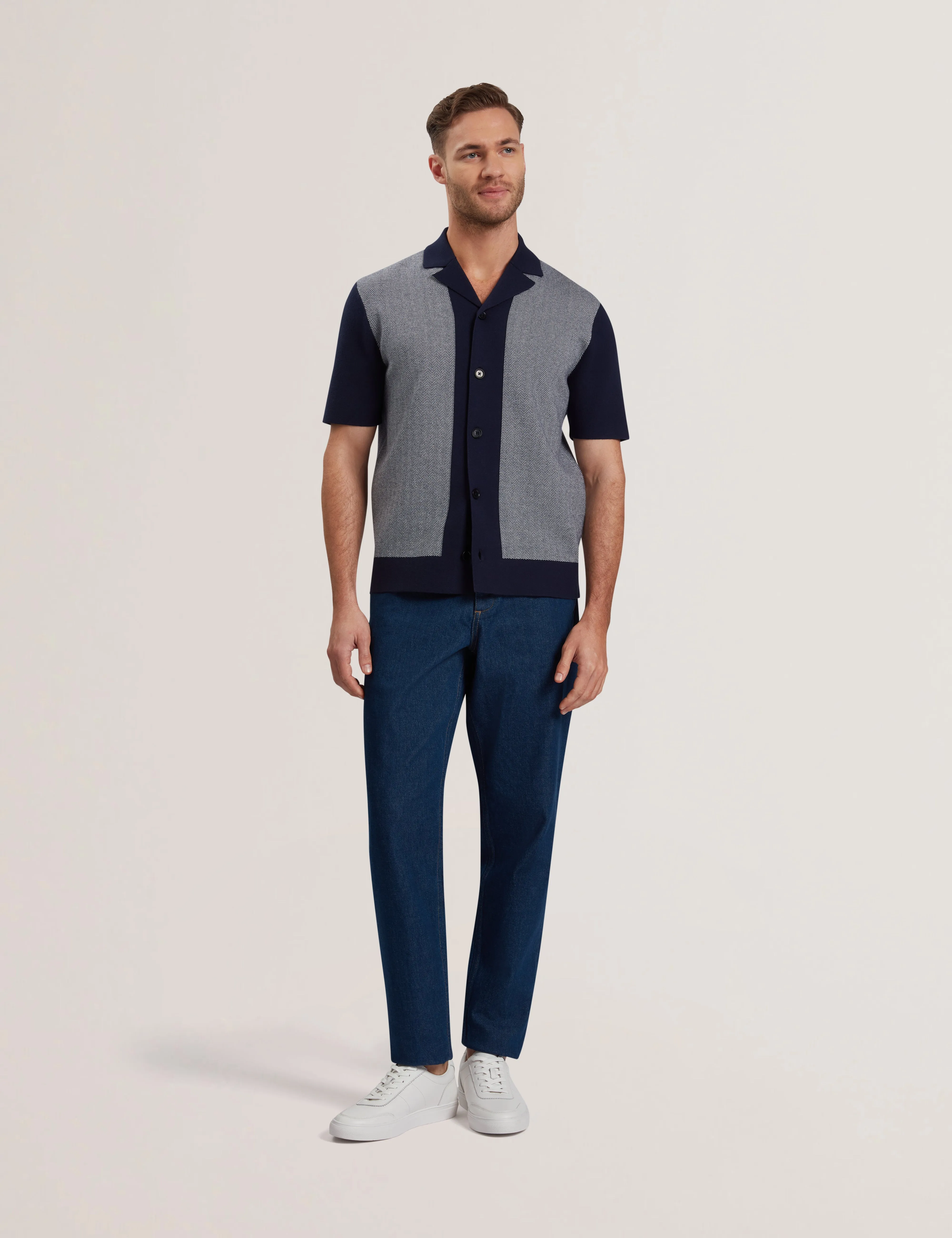 Padrig Short Sleeve Knitted Herringbone Shirt Navy