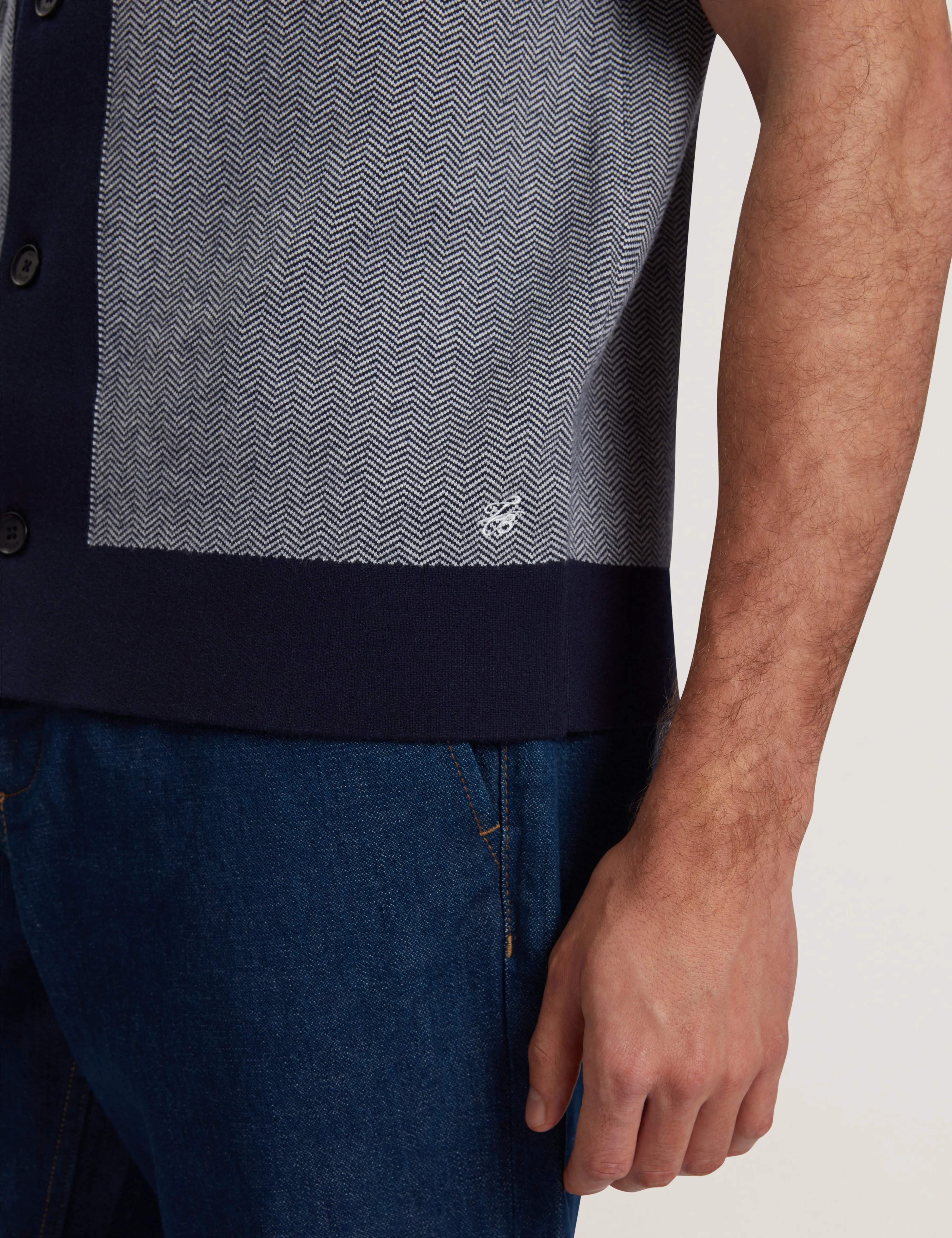 Padrig Short Sleeve Knitted Herringbone Shirt Navy