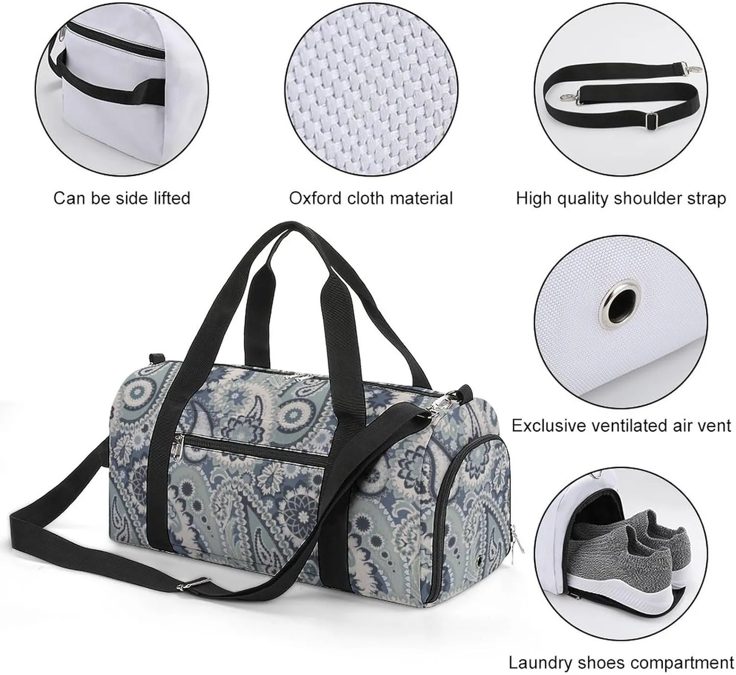 Paisleys-colorful-pattern Sports Tote Gym Bag for Women Men, Overnight Bag with Shoe Compartment Water Resistant