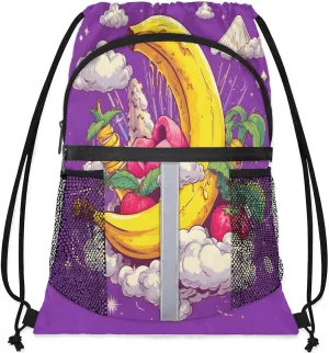 Pardick Drawstring Backpack Banana Moon Gym Sackpack Drawstring Bags with Zipper Sports Bag Wrestling Backpack Swimming Bag Beach Sackpack for Women Men