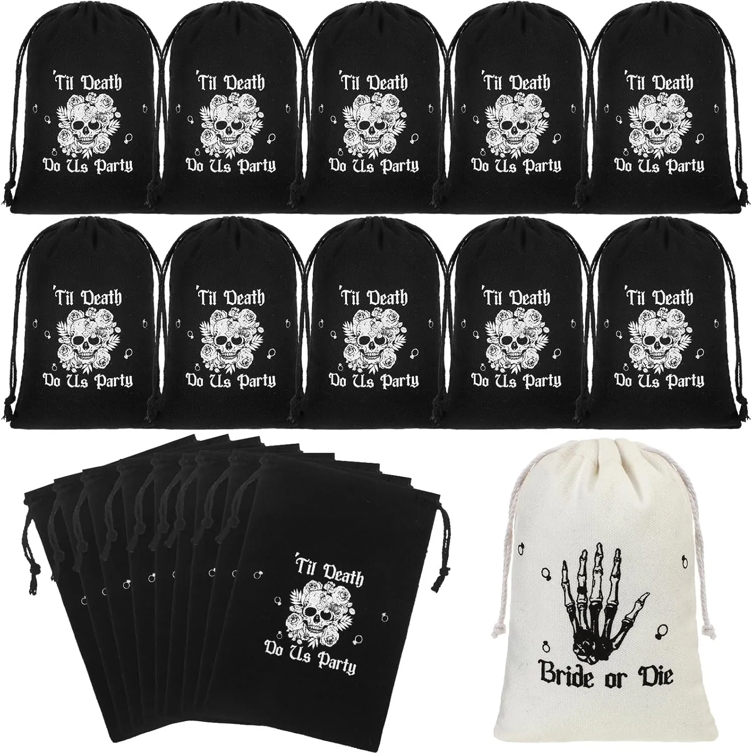 Paterr 20 Pcs Bachelorette Party Gift Bags Set 5'' x 7'' Bride or Die Till Death Do Us Party Gothic Bachelorette Gift Cotton Drawstring Favor Bags for Wedding Survival Recovery