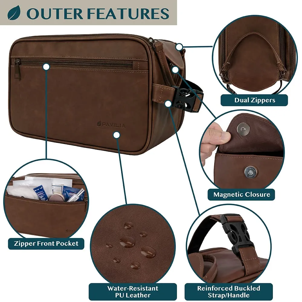 PAVILIA Toiletry Bag for Men, Travel Essentials Shaving Dopp Kit, Mens Travel Bag Toiletries Organizer Case for Grooming, PU Leather Water Resistant Cosmetic Bag Pouch (XL, Dark Brown)