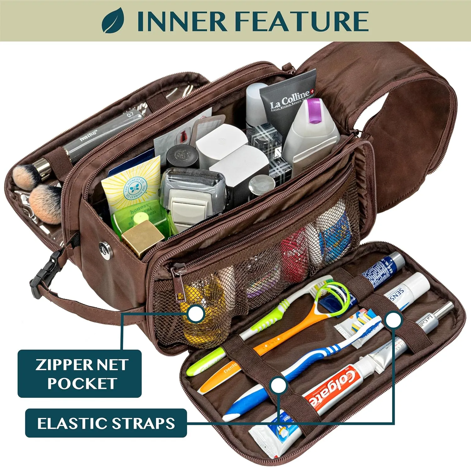 PAVILIA Toiletry Bag for Men Women, Mens Travel Bag Toiletries Organizer Case for Grooming, Travel Essentials Shaving Dopp Kit, PU Leather Water Resistant Cosmetic Pouch, Dark Brown