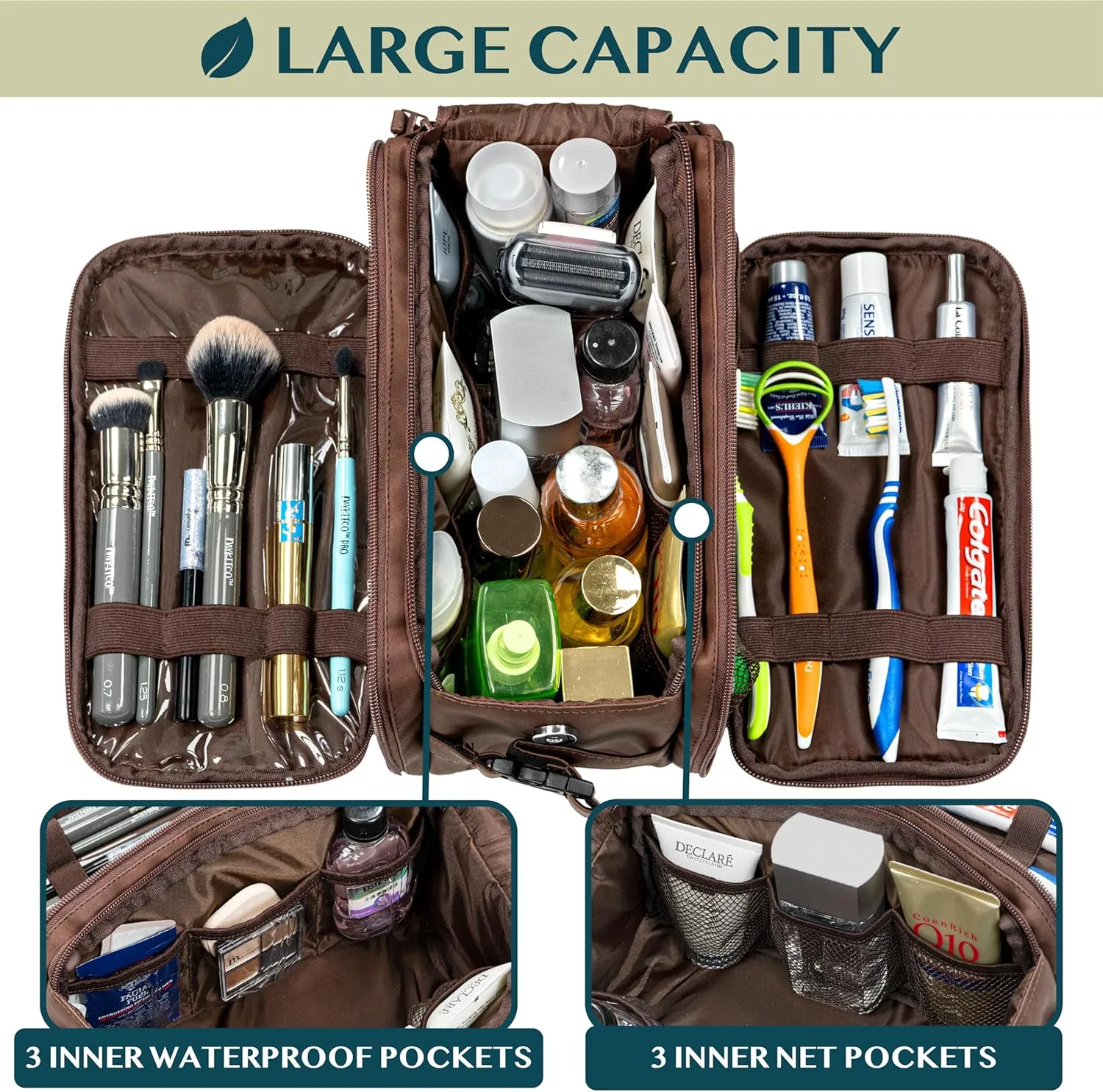 PAVILIA Toiletry Bag for Men Women, Mens Travel Bag Toiletries Organizer Case for Grooming, Travel Essentials Shaving Dopp Kit, PU Leather Water Resistant Cosmetic Pouch, Dark Brown