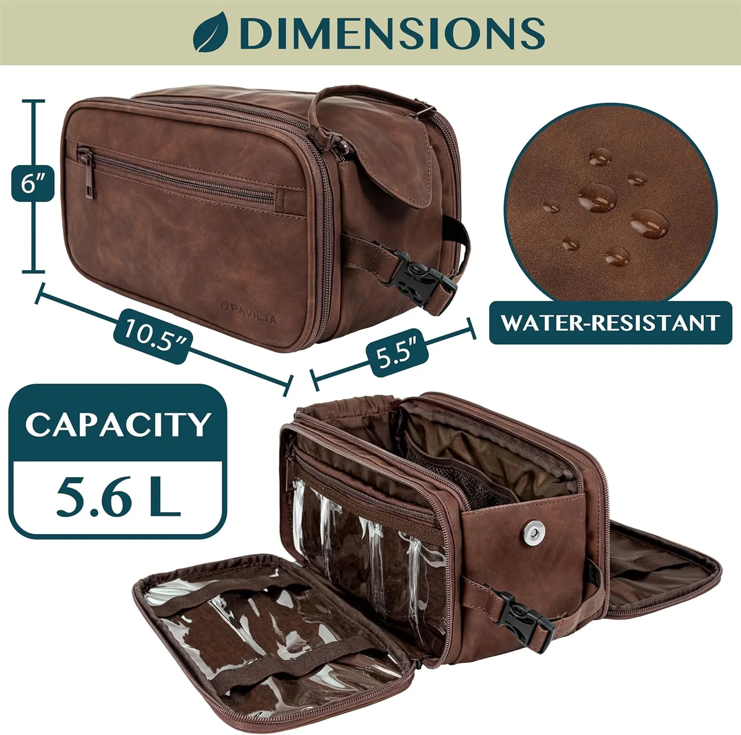 PAVILIA Toiletry Bag for Men Women, Mens Travel Bag Toiletries Organizer Case for Grooming, Travel Essentials Shaving Dopp Kit, PU Leather Water Resistant Cosmetic Pouch, Dark Brown
