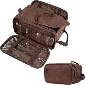 PAVILIA Toiletry Bag for Men Women, Mens Travel Bag Toiletries Organizer Case for Grooming, Travel Essentials Shaving Dopp Kit, PU Leather Water Resistant Cosmetic Pouch, Dark Brown