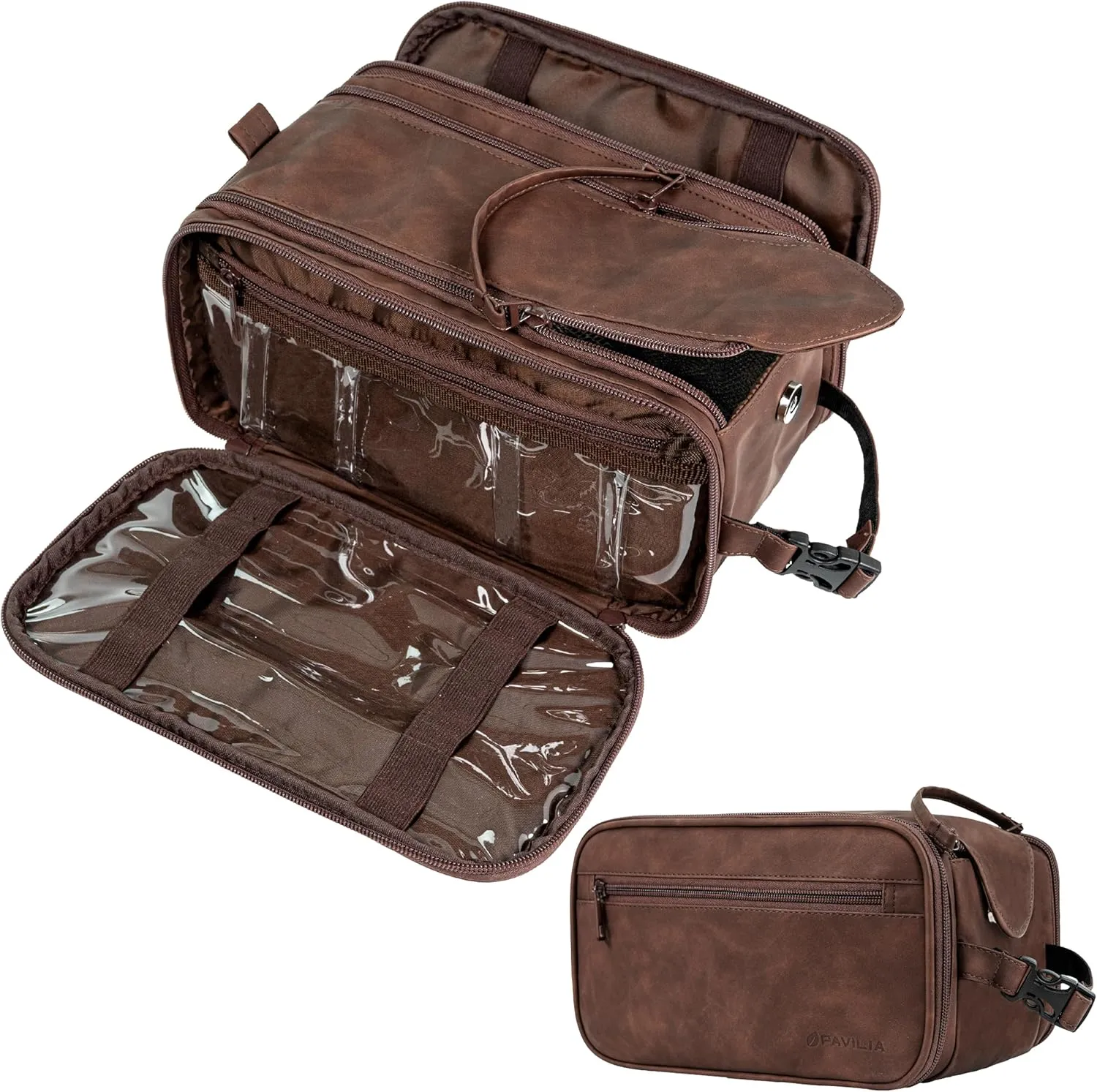 PAVILIA Toiletry Bag for Men Women, Mens Travel Bag Toiletries Organizer Case for Grooming, Travel Essentials Shaving Dopp Kit, PU Leather Water Resistant Cosmetic Pouch, Dark Brown