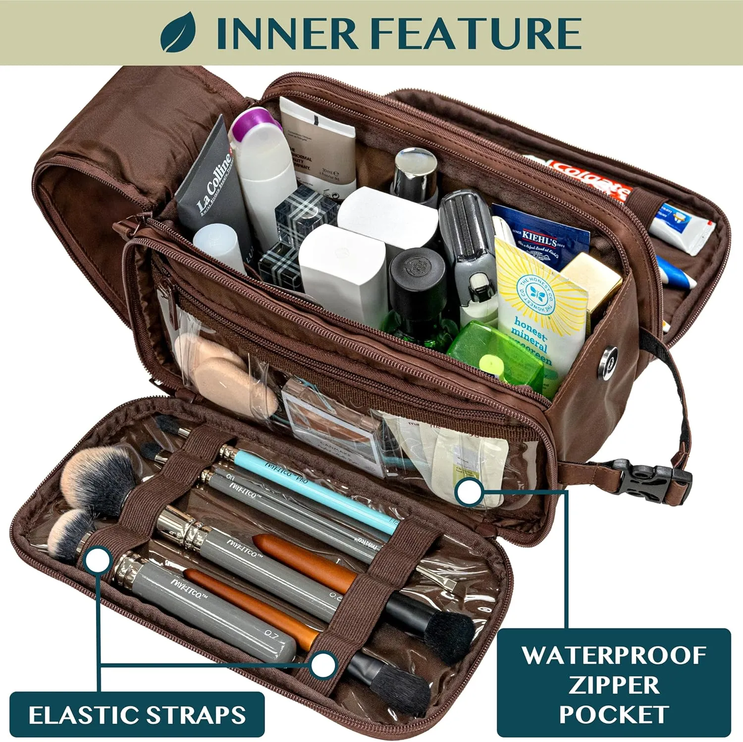PAVILIA Toiletry Bag for Men Women, Mens Travel Bag Toiletries Organizer Case for Grooming, Travel Essentials Shaving Dopp Kit, PU Leather Water Resistant Cosmetic Pouch, Dark Brown