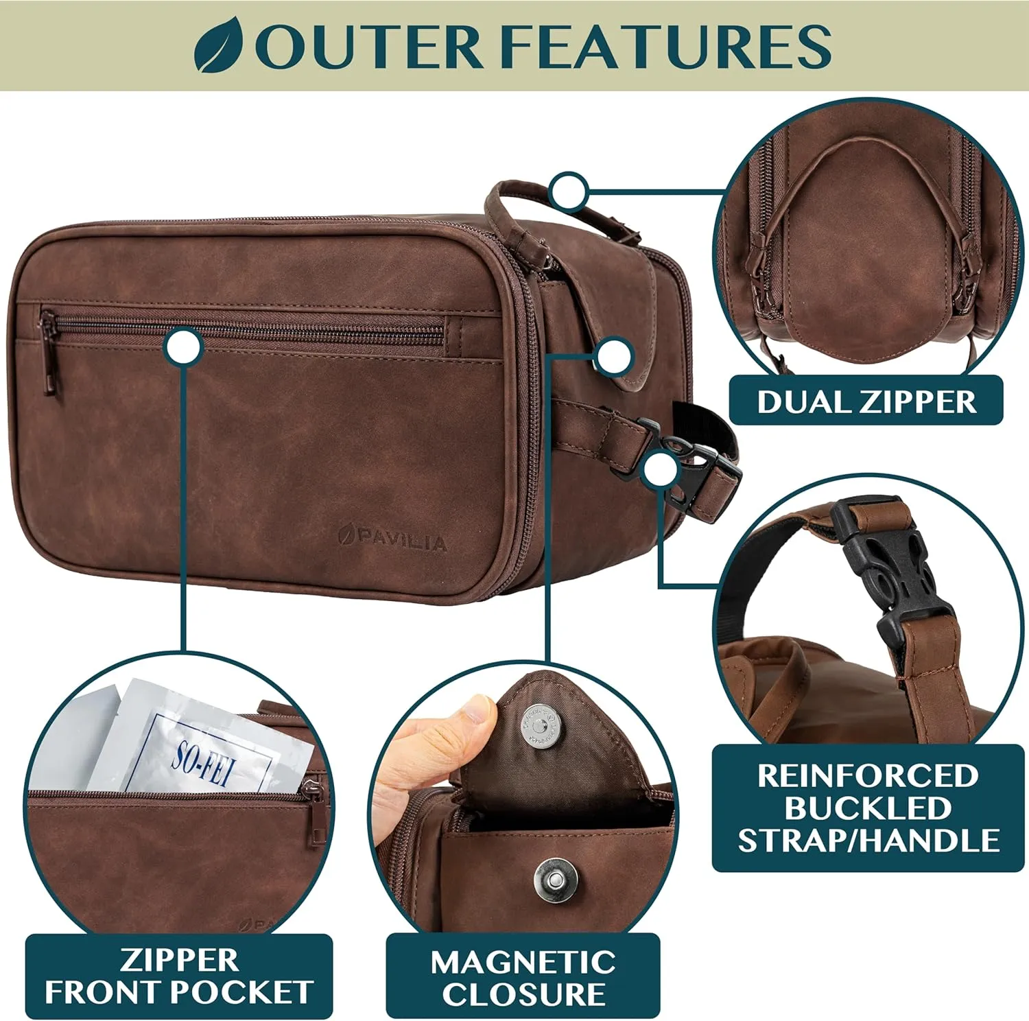 PAVILIA Toiletry Bag for Men Women, Mens Travel Bag Toiletries Organizer Case for Grooming, Travel Essentials Shaving Dopp Kit, PU Leather Water Resistant Cosmetic Pouch, Dark Brown