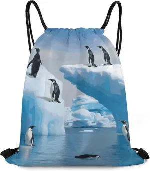 Penguins On The Iceberg Drawstring Backpack Waterproof Lightweight Gym Bag Sports Cinch Sackpack for Gym,Travel,Swimming,Beach