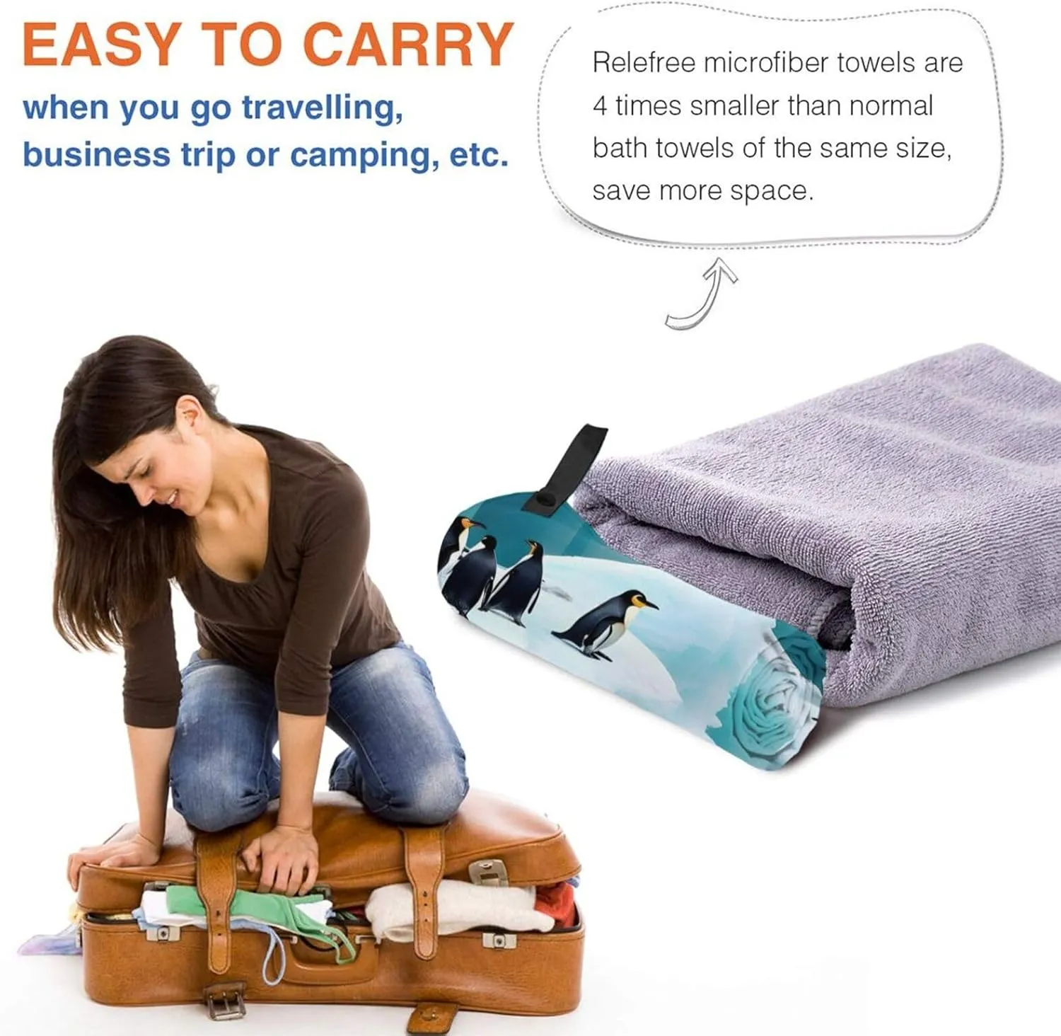 Penguins On The Iceberg Superfine Fiber Towel with Carabiner,Quick Drying Portable,Be Suitable for Beach,Pool,Hiking