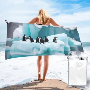 Penguins On The Iceberg Superfine Fiber Towel with Carabiner,Quick Drying Portable,Be Suitable for Beach,Pool,Hiking