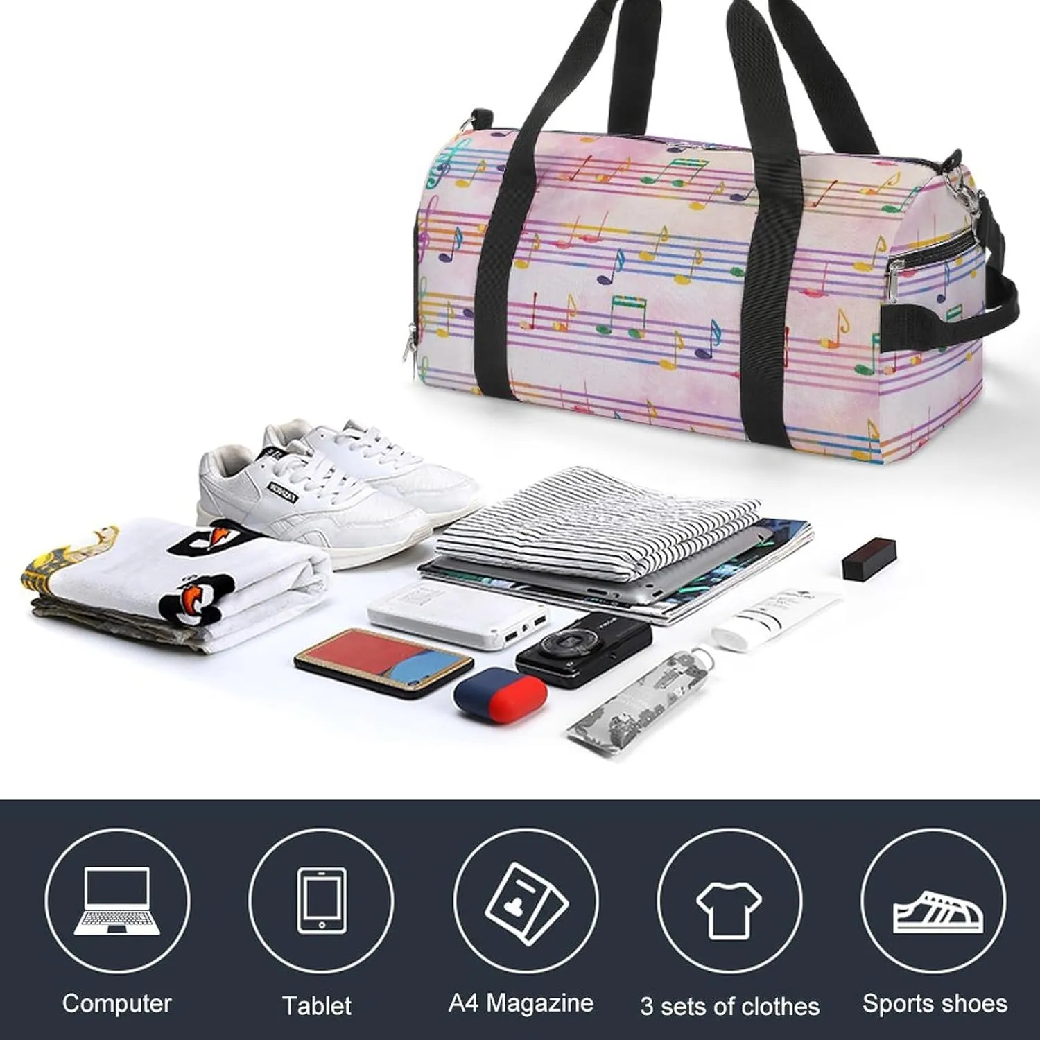 Pentagrams-musical Notes Sports Tote Gym Bag for Women Men, Overnight Bag with Shoe Compartment Water Resistant